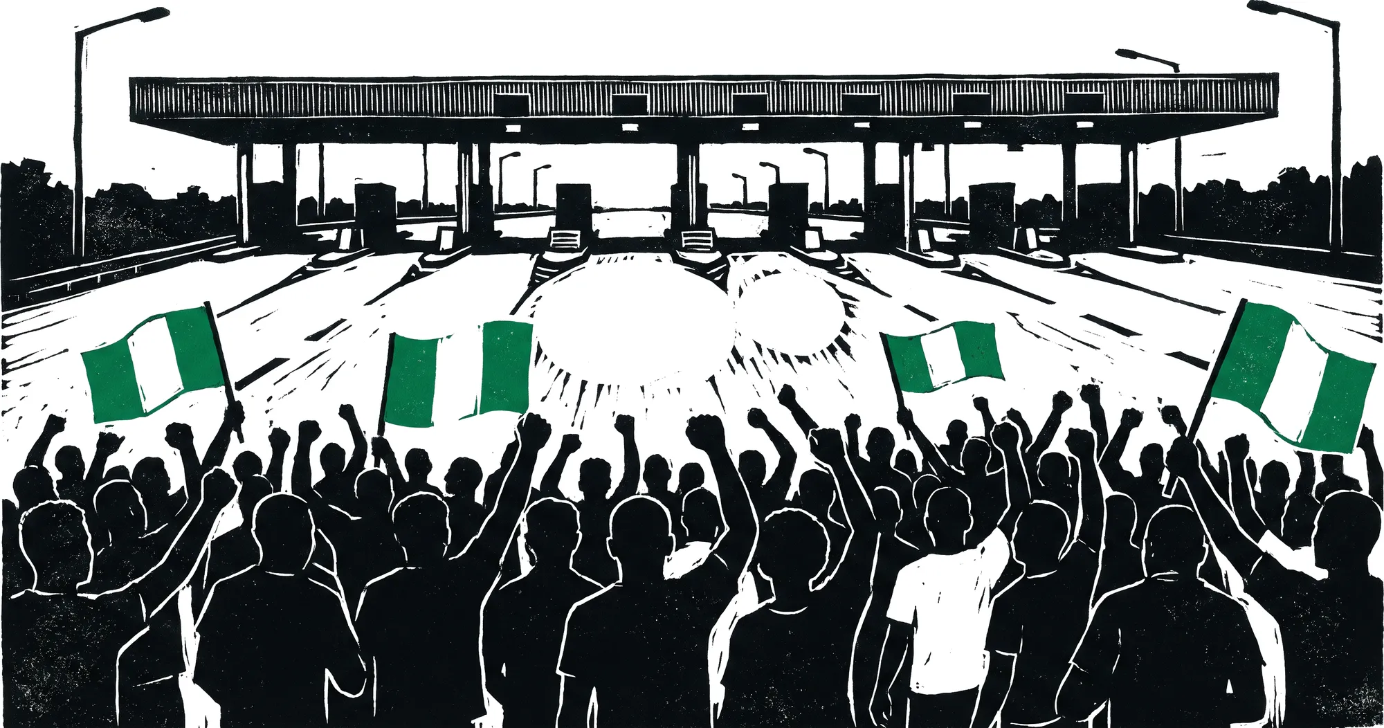 Linocut illustration of protesters seen from behind, fists raised and green-white-green flags held up under a highway toll gate at night