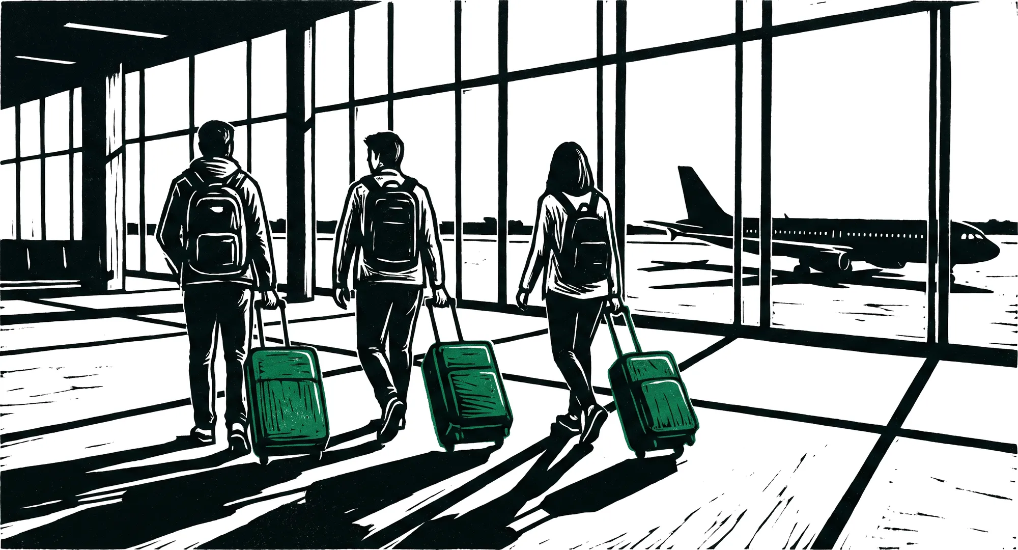 Linocut illustration of three young travellers pulling green suitcases across an airport hall toward a waiting plane