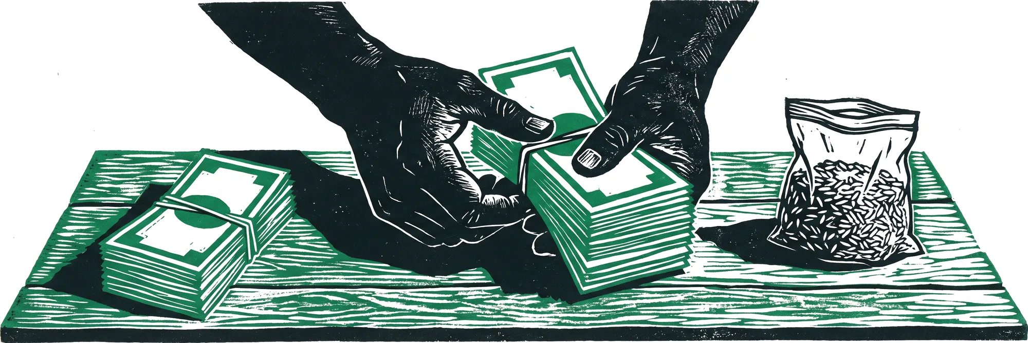 Linocut illustration of two hands counting a thick bundle of banknotes beside a small bag of rice on a market table