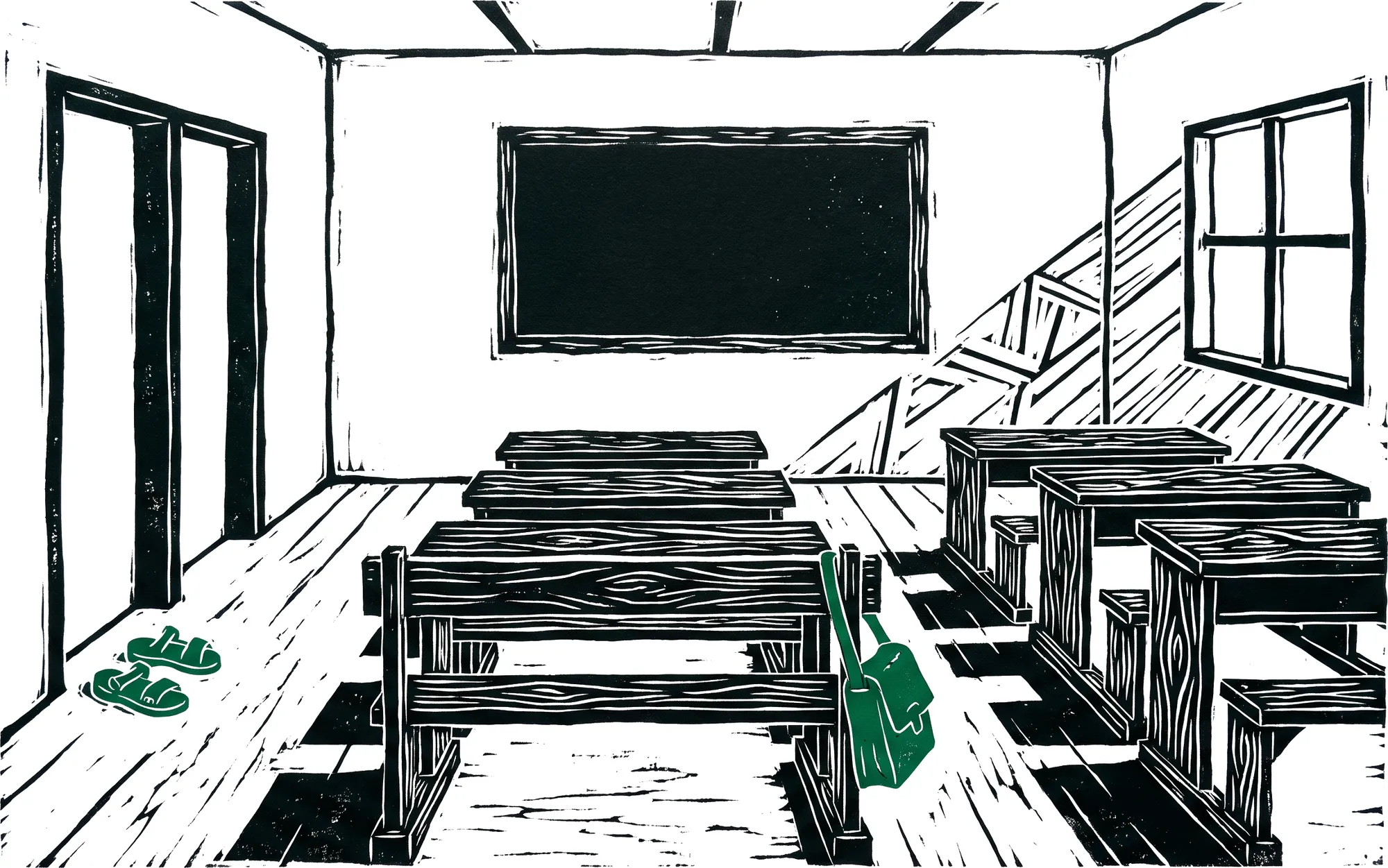 Linocut illustration of an empty rural classroom with wooden benches, a blank chalkboard and a small pair of sandals by the door