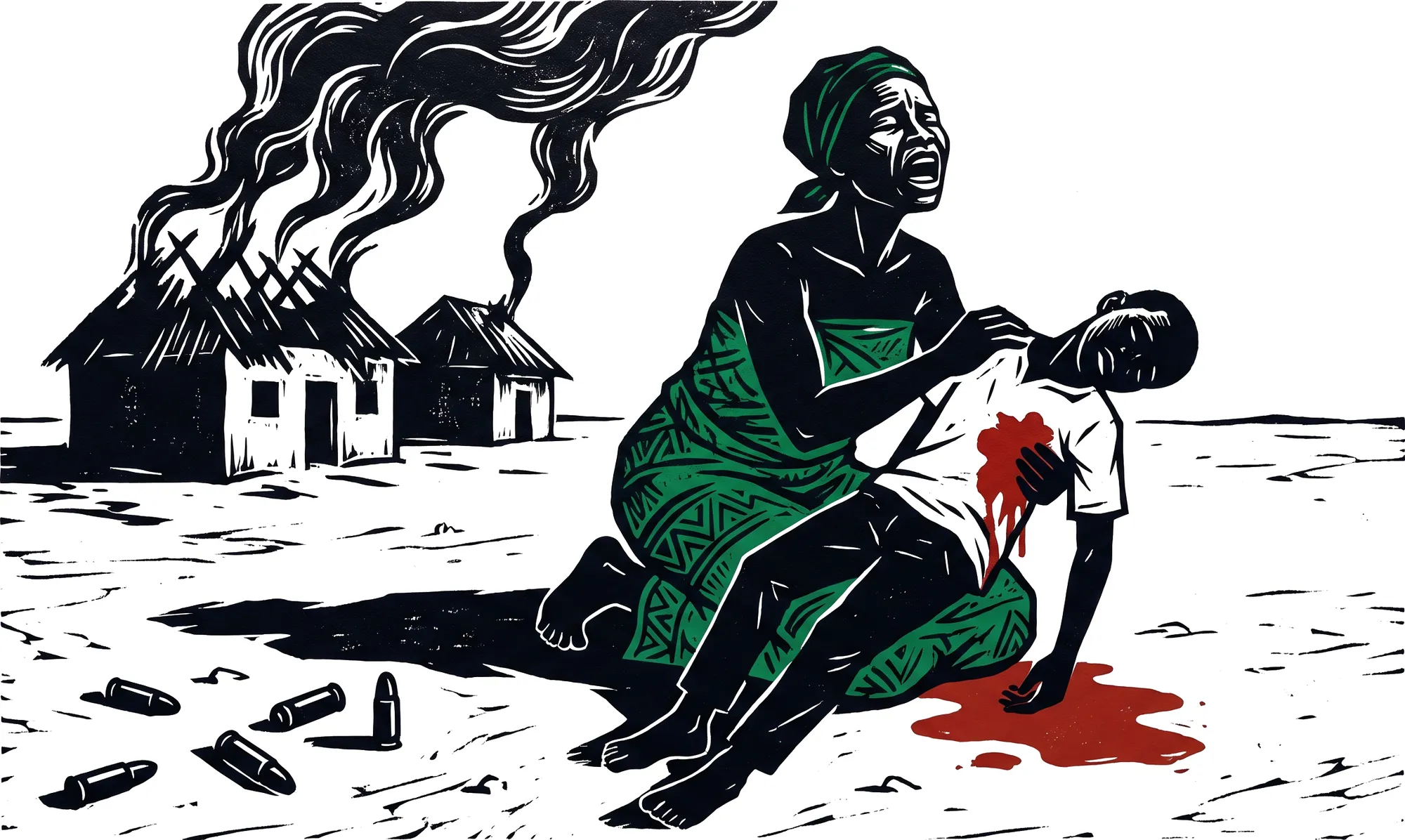 Linocut illustration of a mother kneeling in the dust, crying as she holds her dead son, his shirt stained with blood, with burning village houses and spent bullet casings around them