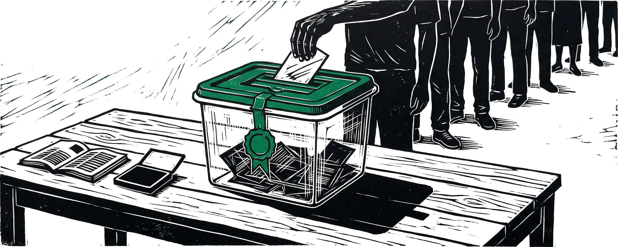 Linocut illustration of a hand dropping a folded ballot into a clear ballot box on a wooden table